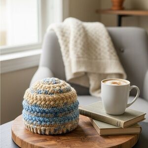 Cozy Blue and Tan Knitted Beanie 3 to 6 months